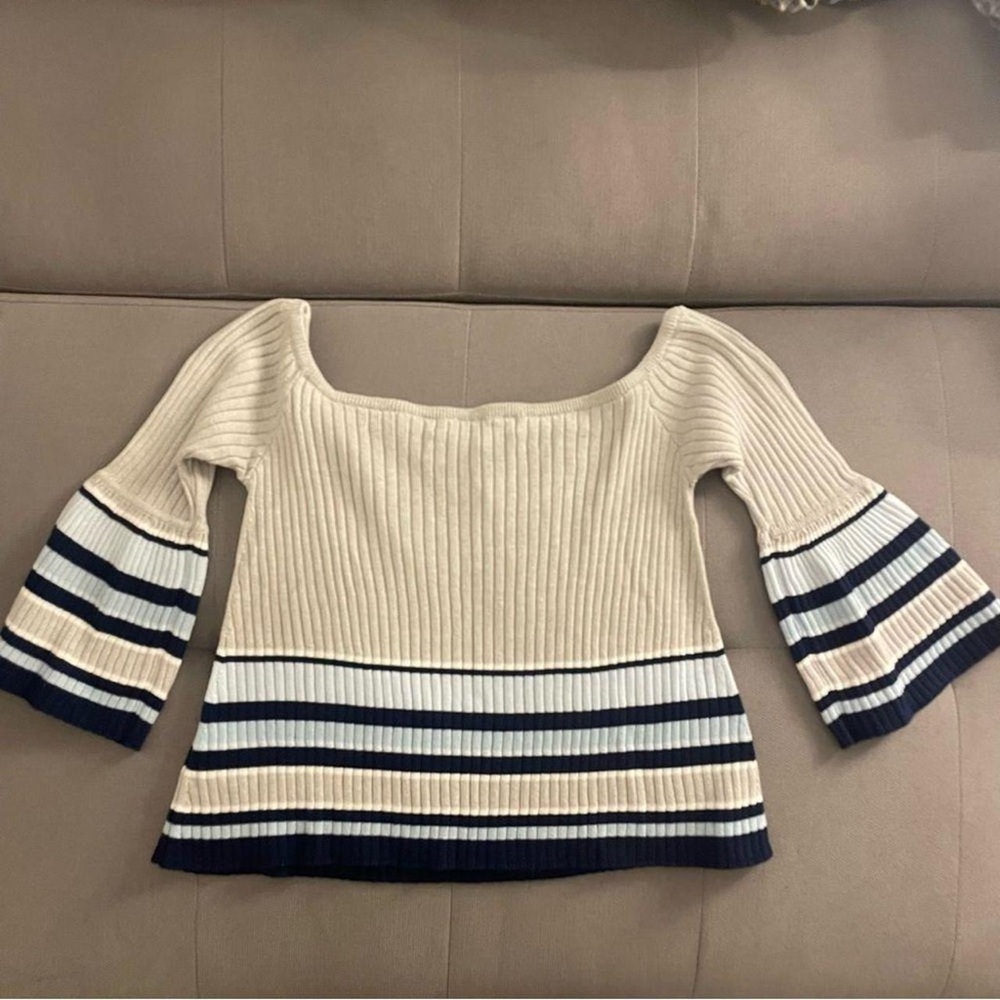Striped Beige and Navy Women's Sweater